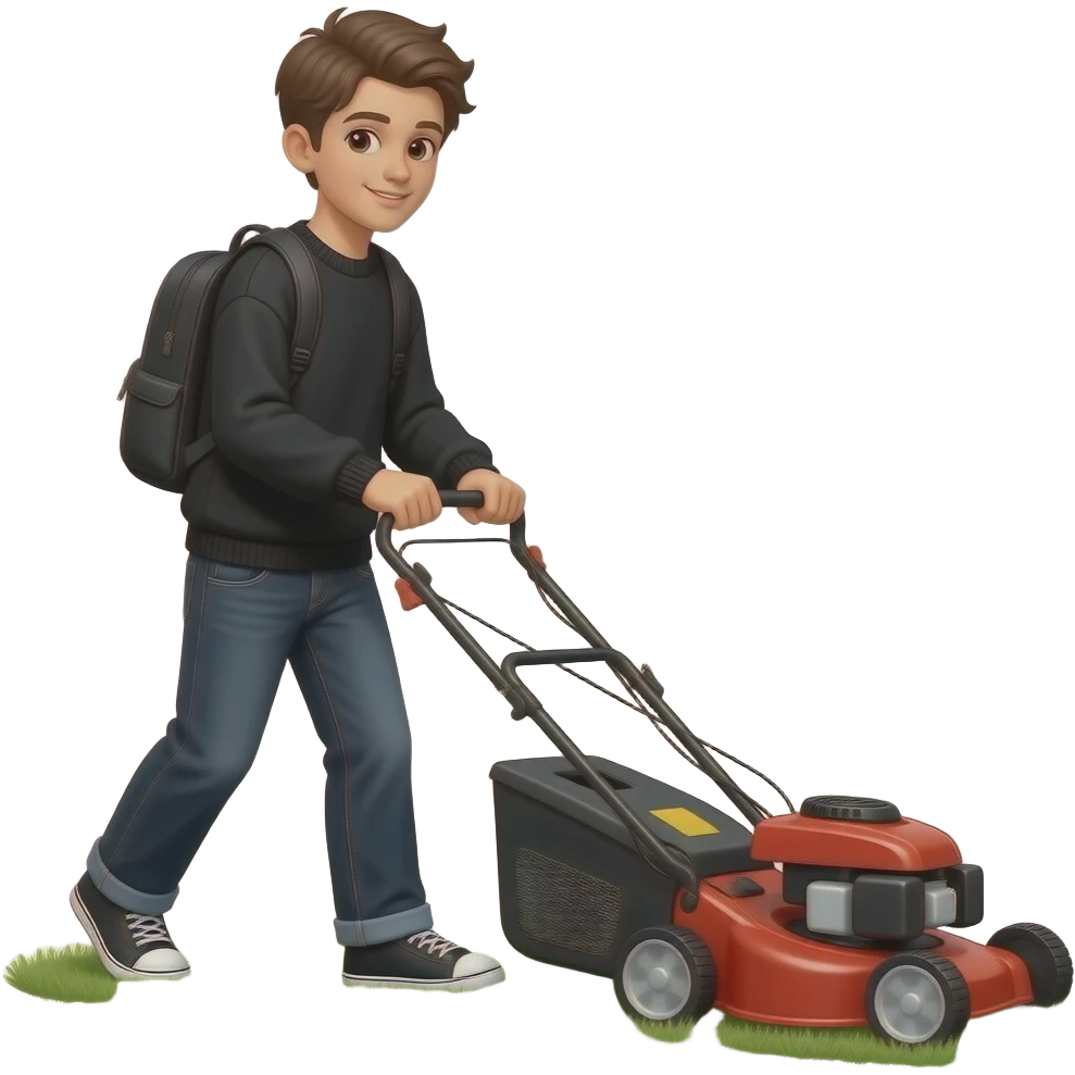 black loose-fitting jeans, black loose-fitting sweater, black backpack, Gen Z boy mowing the lawn with a lawn mower emoji