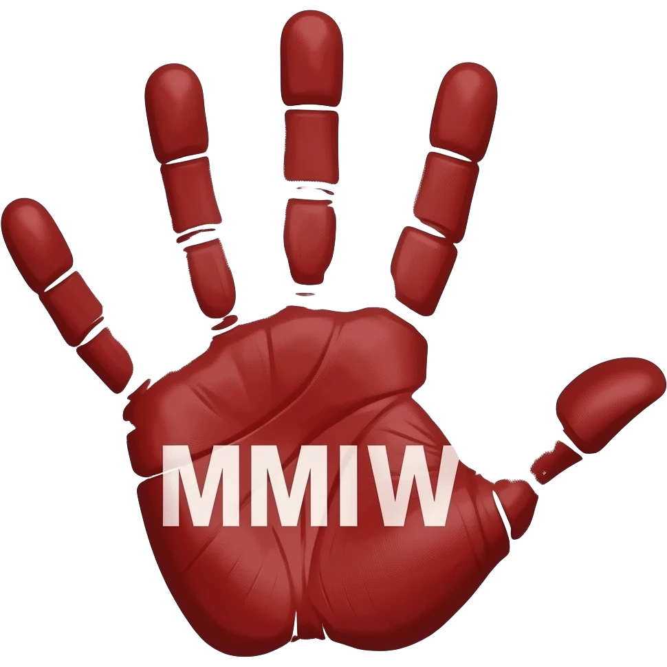 bloody hand print with the word MMIW in white on palm emoji