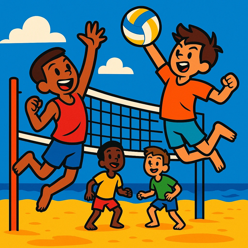 vibrant and energetic scene of boys playing volleyball on a sandy beach emoji