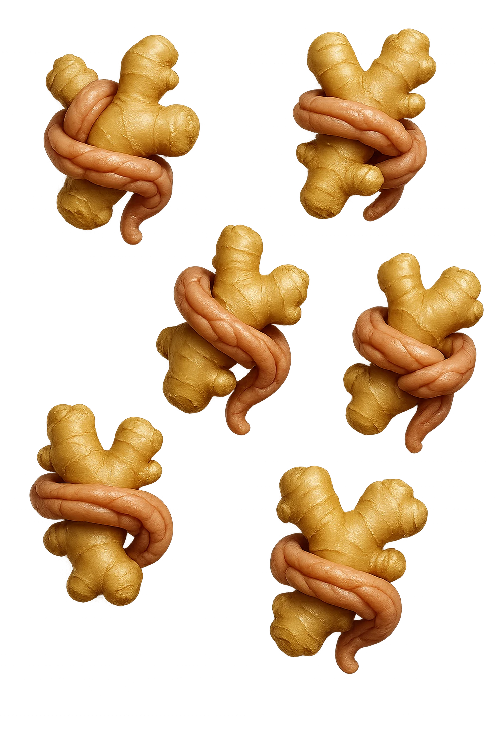 emoji stile iphone 3d di 6 piccoli pezzi di zenzero che fluttuano in aria con pezzi di colon arrotolati intorno, iperrealistico 4k emoji