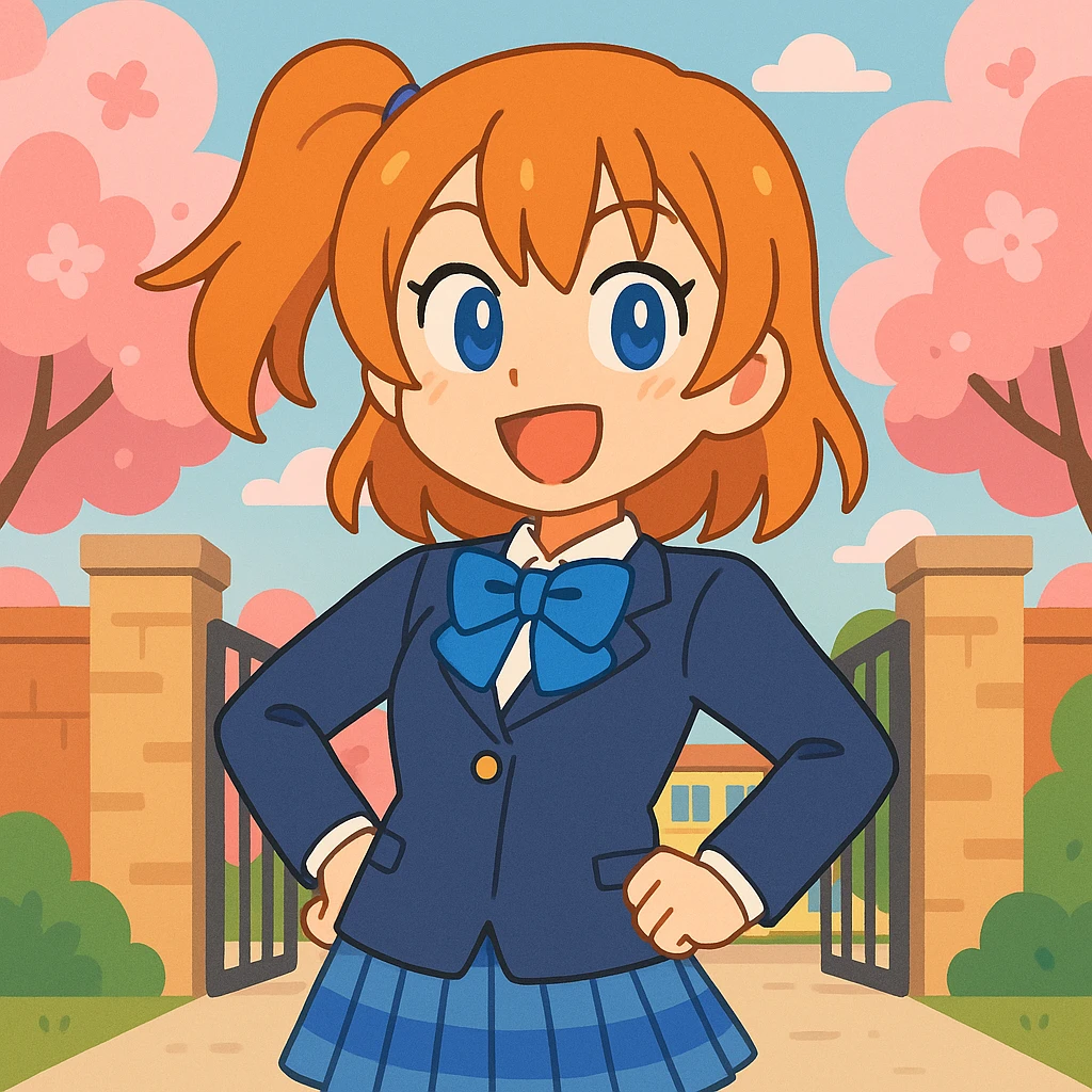 cheerful anime schoolgirl with orange hair, blue eyes, school uniform, spring cherry blossoms, confident pose, lively school gate background, Love Live! style emoji