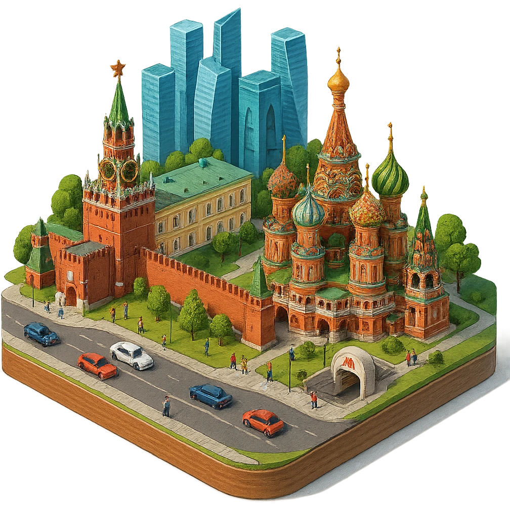 Изометричная миниатюрная 3D модель Москвы на подставке - фотореалистичный Кремль, собор Василия Блаженного, фотореалистичный Башни Москва-Сити, аккуратная детализация, четкие линии, яркие цвета, мультяшный реализм, гуляют люди и современный автотранспорт и метро, компактная композиция, вид сверху в изометрии, прозрачный фон emoji