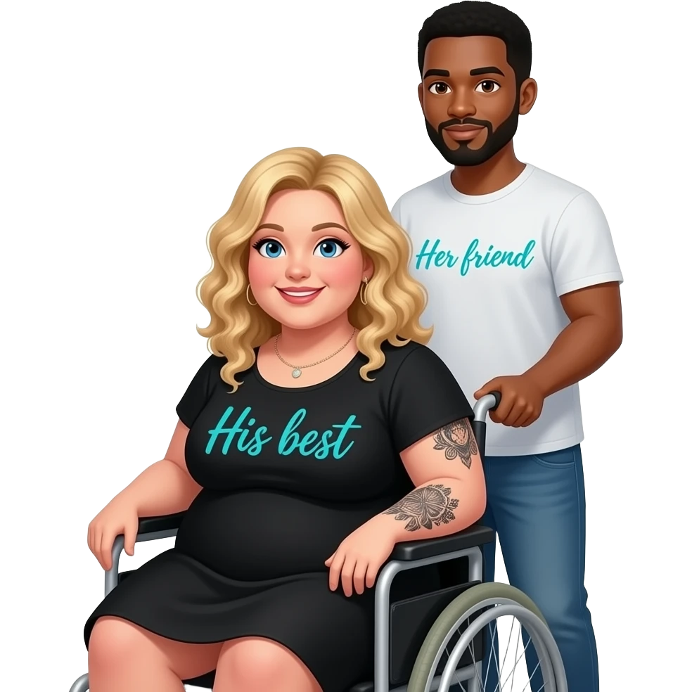Plus Size women in wheelchair Blonde curly hair blue eyes black tattoos on right lower arm wearing a black summer dress saying “ His best” written in teal cursive  writing & African American man standing behind her with black hair with brown eyes saying “Her friend“  in cursive writing his shirt emoji
