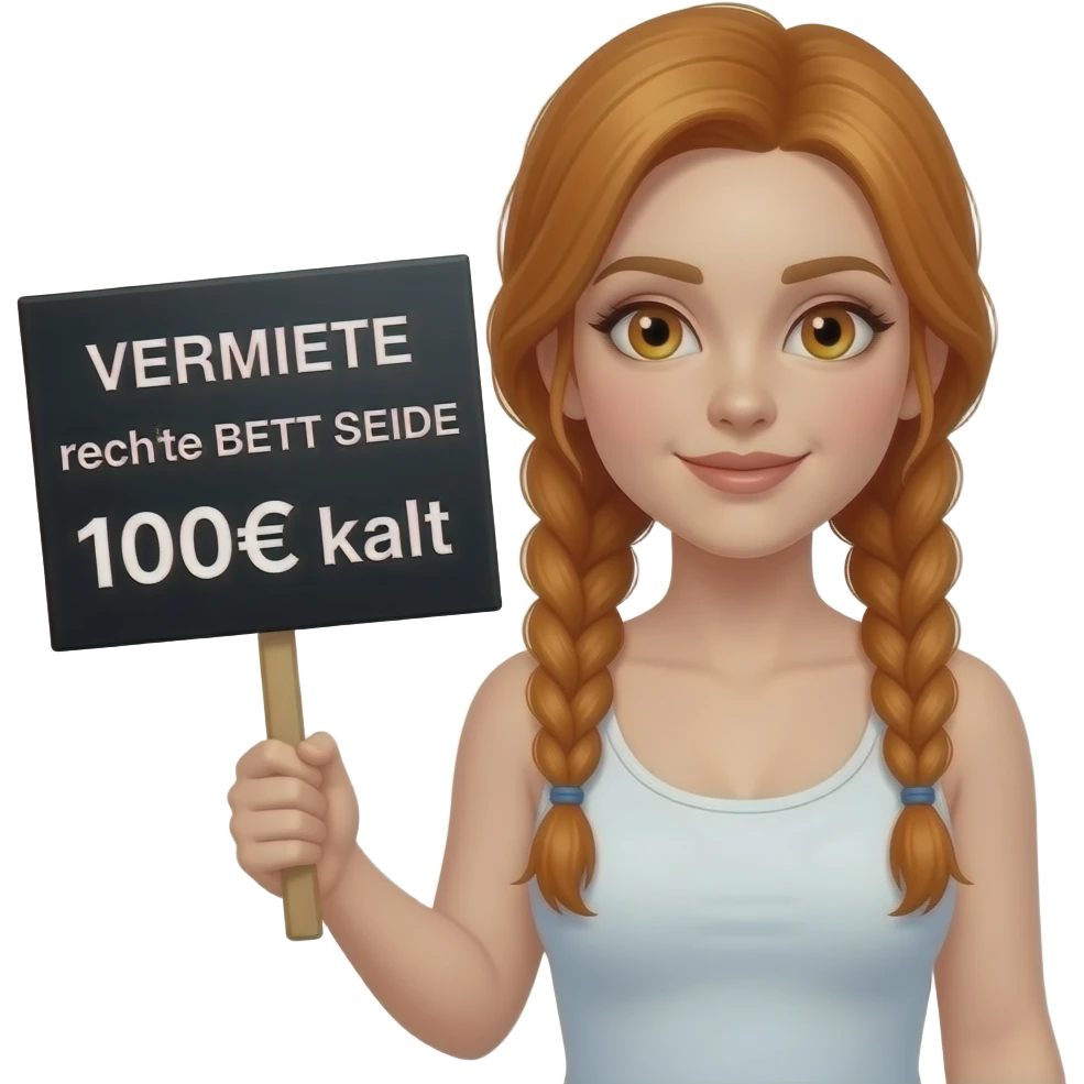 sexy girl with long ginger braids and ginger eyes wearing a white tanktop is holding a black sign with VERMIETE rechte BETT SEITE 100€ kalt written on it emoji