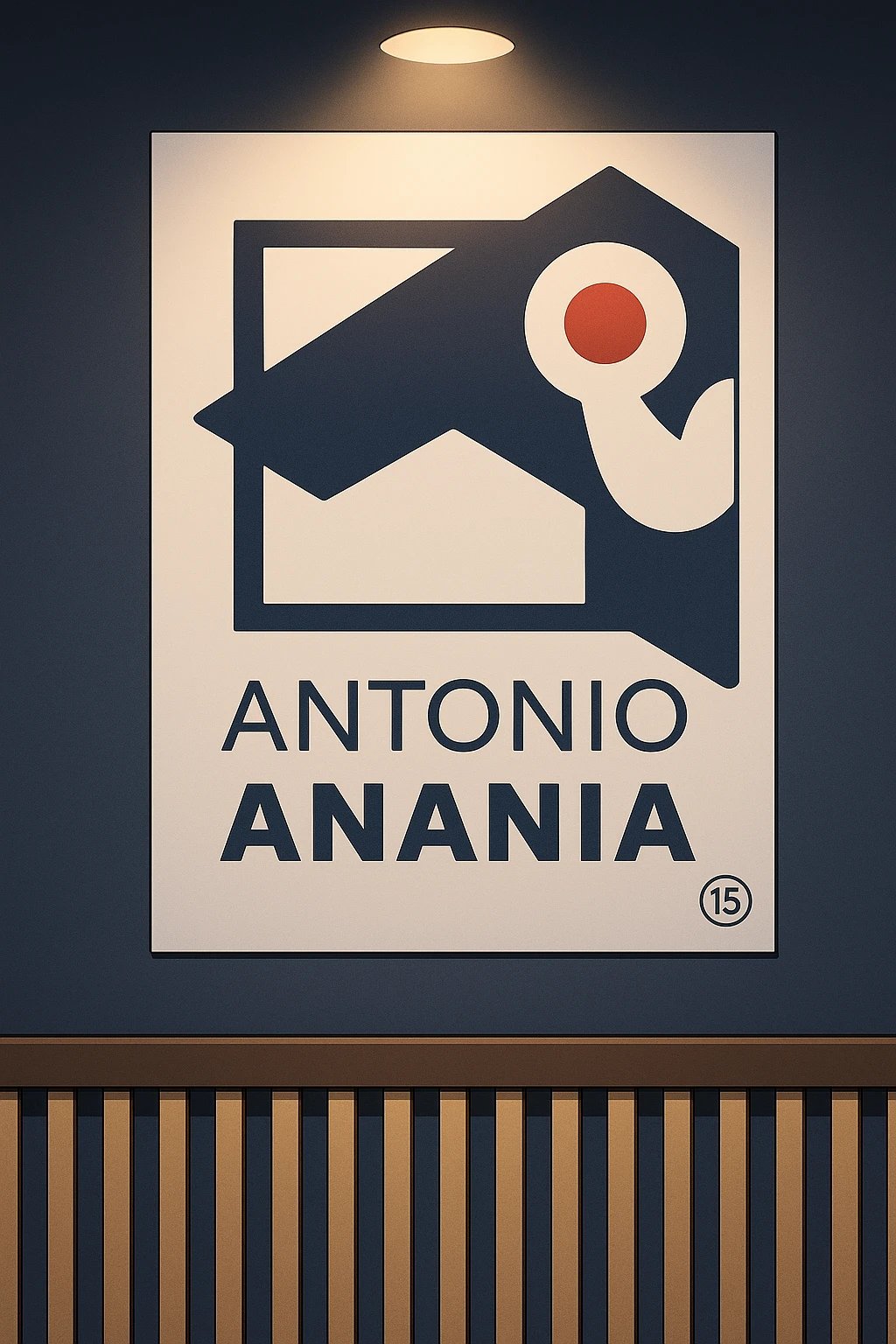 su questo stile fai un manga/webtoon a colori in cui mostri quella parete dietro dello studio con il suo logo e la scritta "ANTONIO ANANIA" SOTTO IL LOGO, LUCE CHE ILLUMINA IL LOGO emoji
