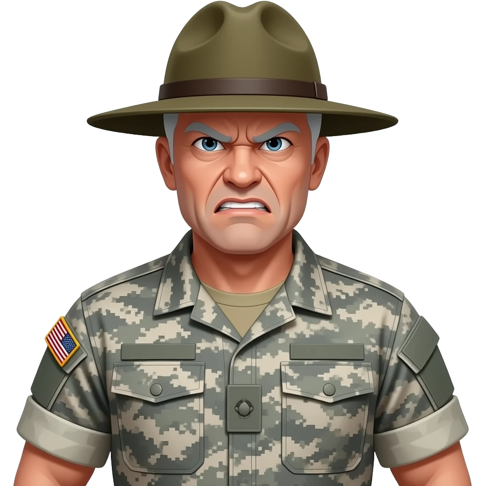white sergeant character with gray hair. Wearing a drill sergeant hat. Wearing an urban camouflage uniform, army shirt. The character should have an angry intense expression. full torso and arms emoji