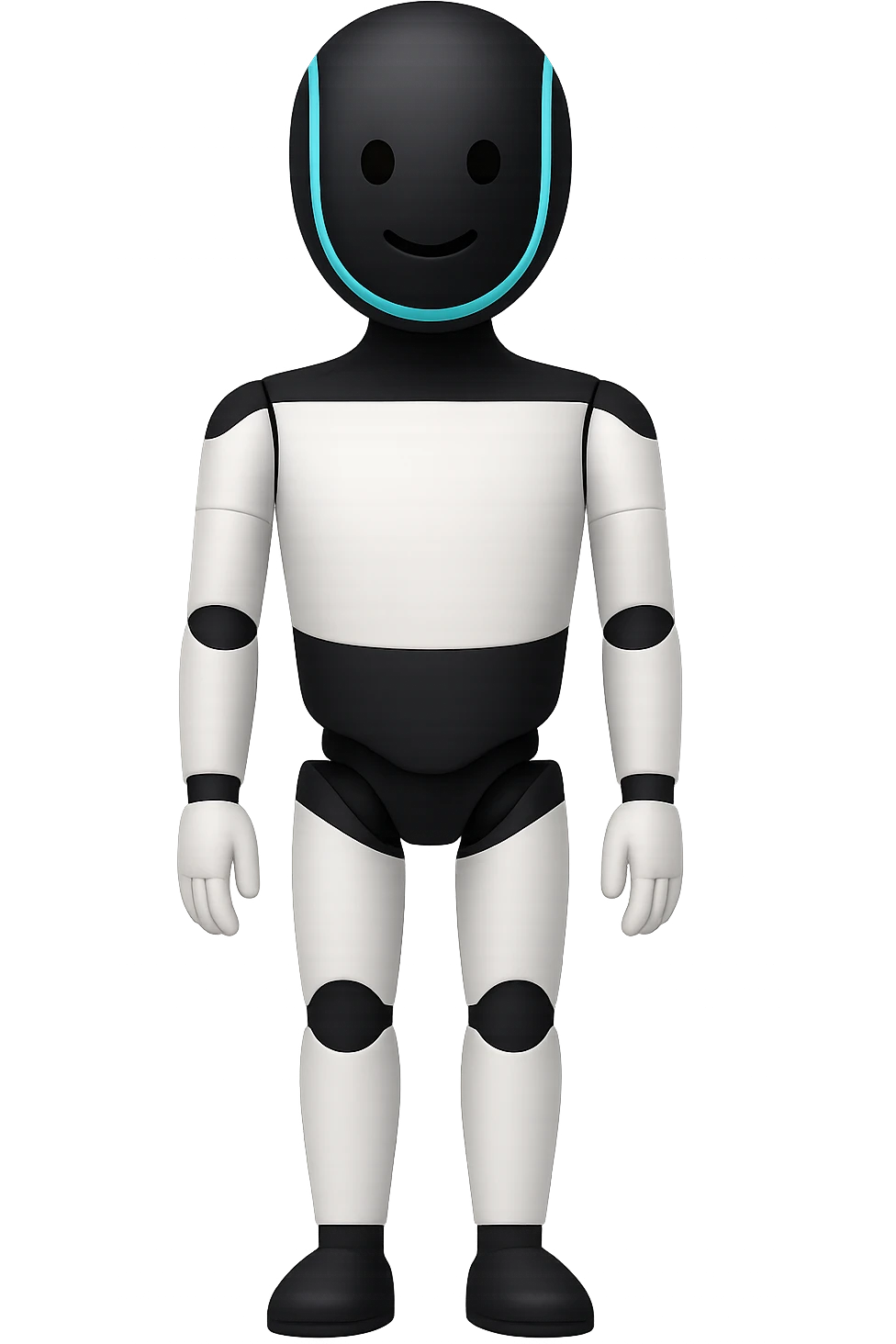 Create a fullbody Tesla robot emoji with the exact head from the reference image, arms down pose, apple emoji style, slightly smiling, ensuring the head and feet are fully in frame. emoji