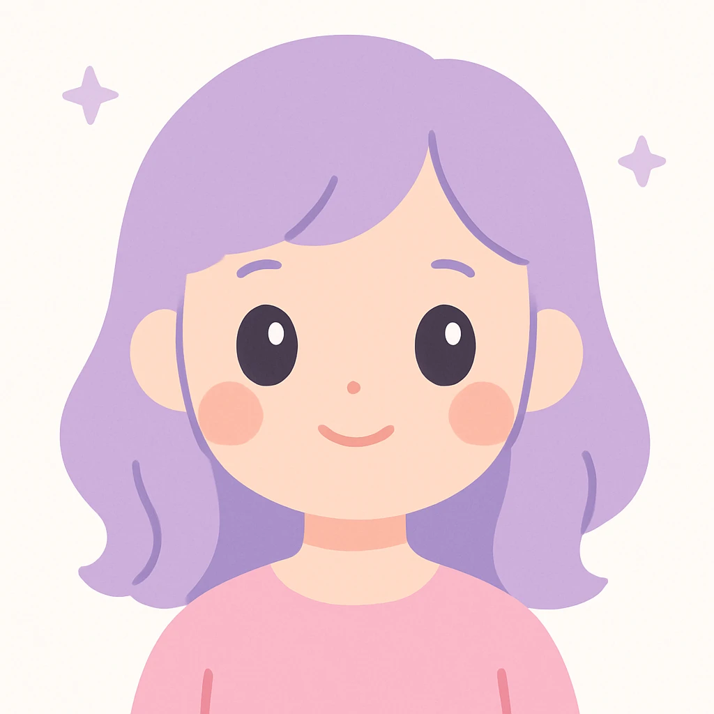a girl with a cute peachy face, soft features, gentle smile, warm and friendly expression, lavender hair, simple background emoji