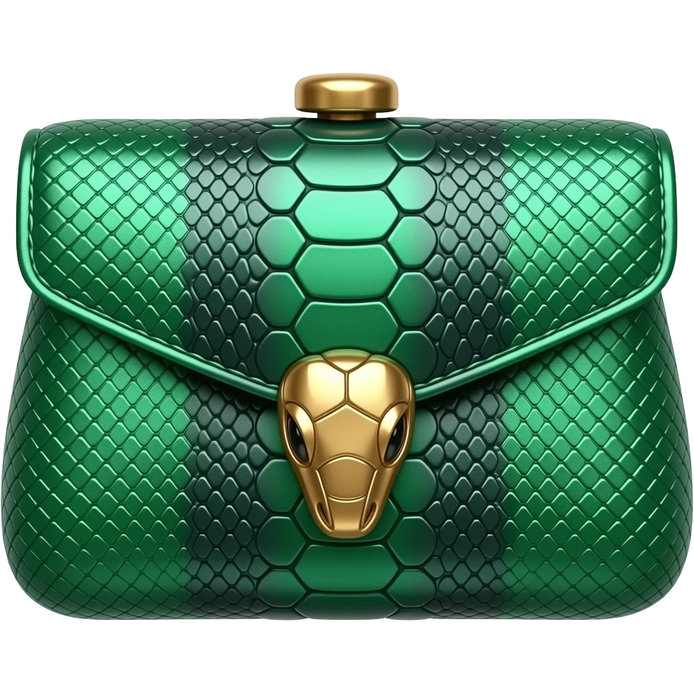 Realistic, mirco-detailed, shimmering emerald satin green, Snake-embossed clutch, with a luxurious gold embellishment on front, isolated 3d rendering, 8k hd, no emoji icons no emoji faces  emoji