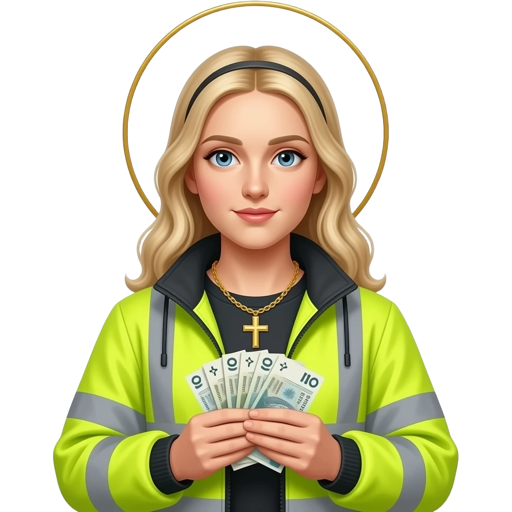 blond virgin marry with gloden cross necklace in neon yellow highviz clothes with a polski złoty bank notes in hands emoji