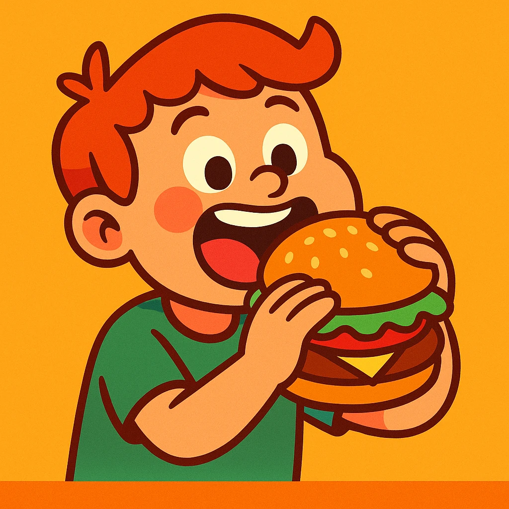 kid eating a burger, wearing a green t-shirt, vibrant cartoon style emoji