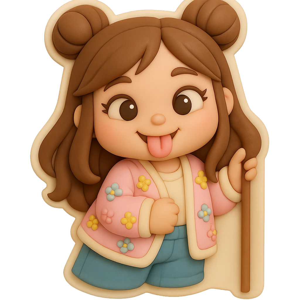 Create a 3D chibi fondant cake art style image of a girl based on the reference image. Preserve the facial features and eye shape exactly as in the reference. She has long brown hair styled in two space buns and brown eyes. The girl is sticking out her tongue playfully with a kind, happy tease expression. Include a thick white outline like a sticker and ensure the background is transparent. Render with high quality, smooth shadows, and soft gradients. emoji