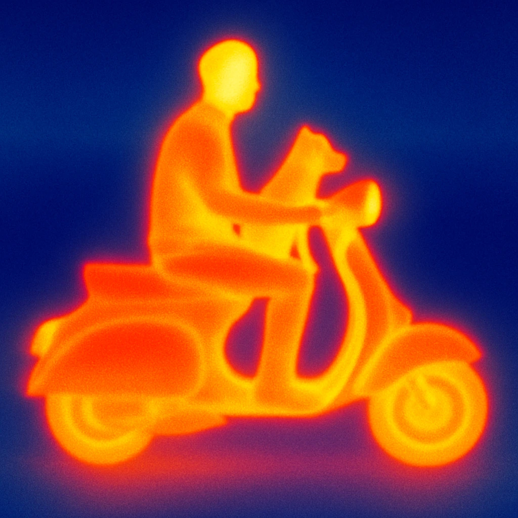 man and his pet dog riding a vespa emoji