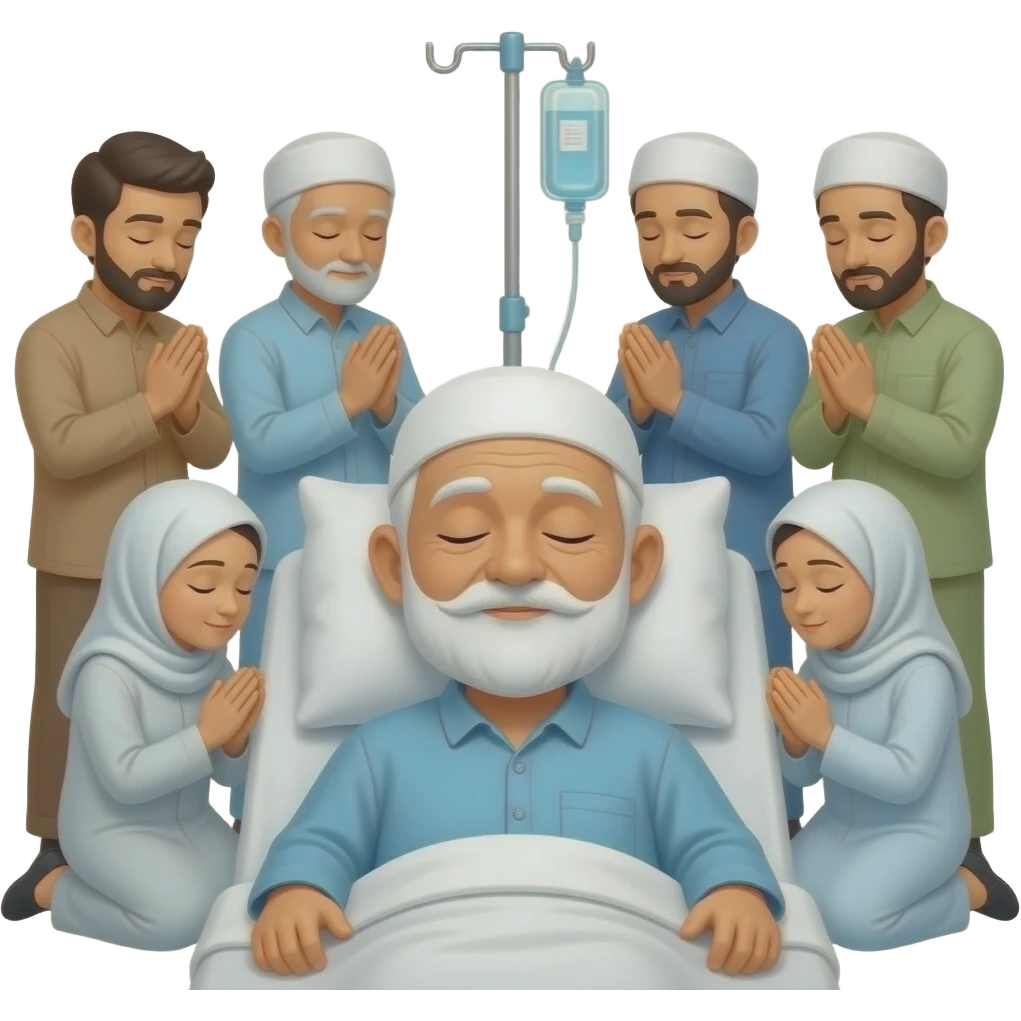 нарисуй каи пожилой мужчина мусульманин лежит под капельницей с закрытими глазами и вокруг него люди, которые молятся emoji