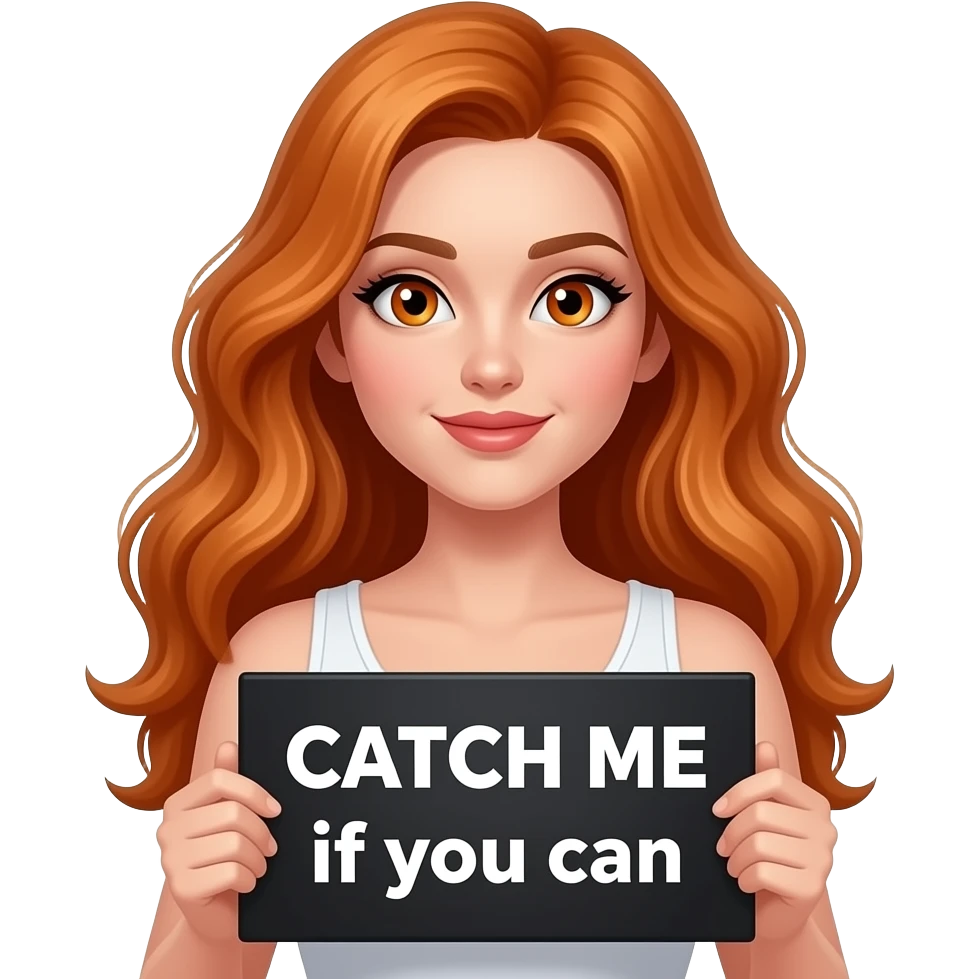 sexy girl with long wavy ginger hair and ginger eyes wearing a white tanktop is holding a black colored sign with CATCH ME if you can written on it emoji