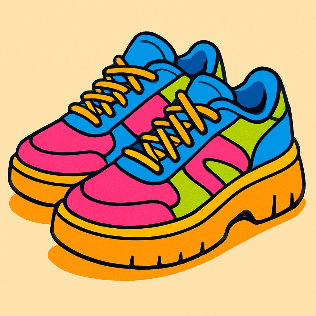 pair of trendy sneakers, vibrant colors, cartoon style emoji
