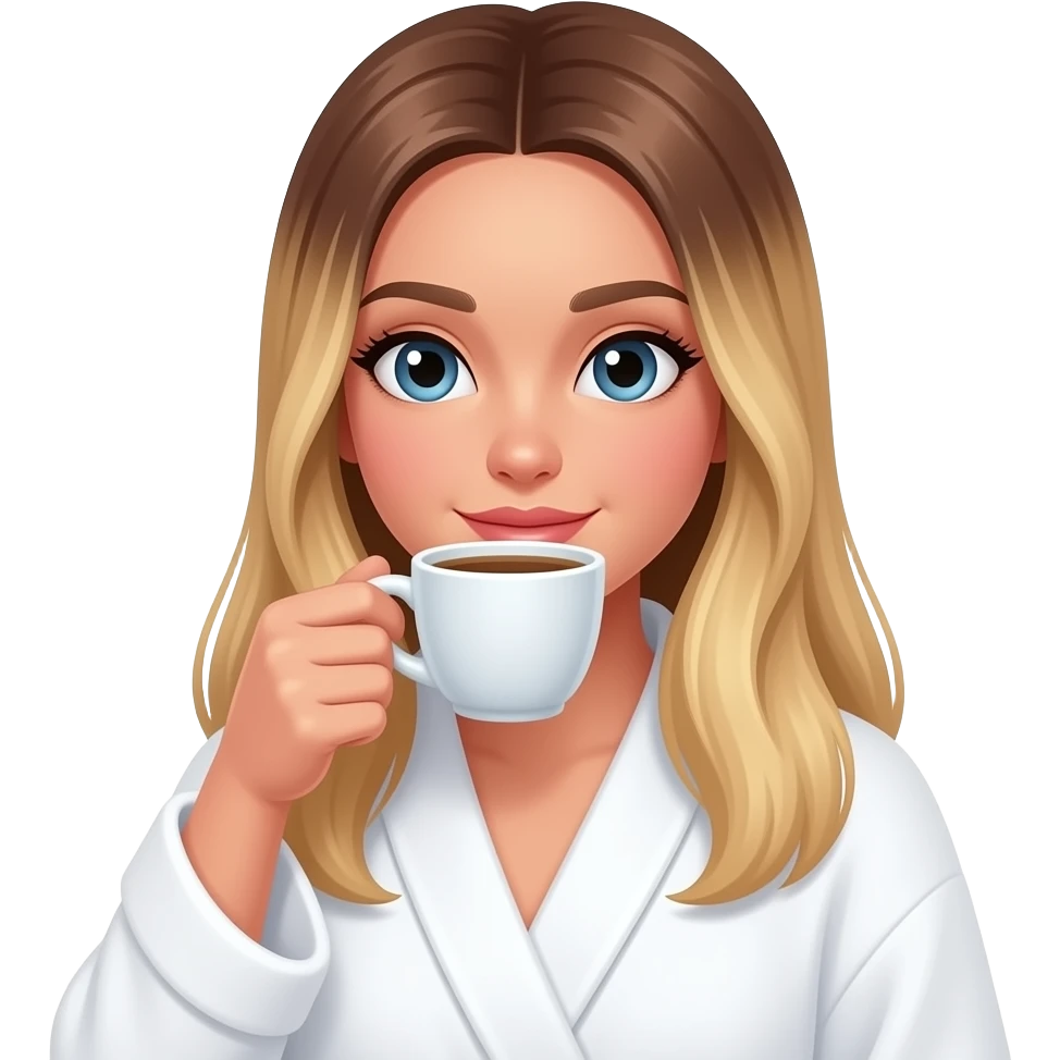 A girl with long, straight, blonde hair with balayage highlights is drinking coffee while wearing a white bathrobe. emoji
