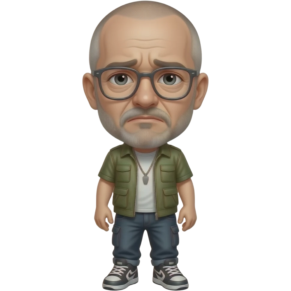 t shirt sad almost bald shaved short hair full-length photo of extreme streetwear clean-shaven face cool boy thin metal-framed glasses ery entellectual man, 60 years old, street wear stubble, shaved short with clippers emoji