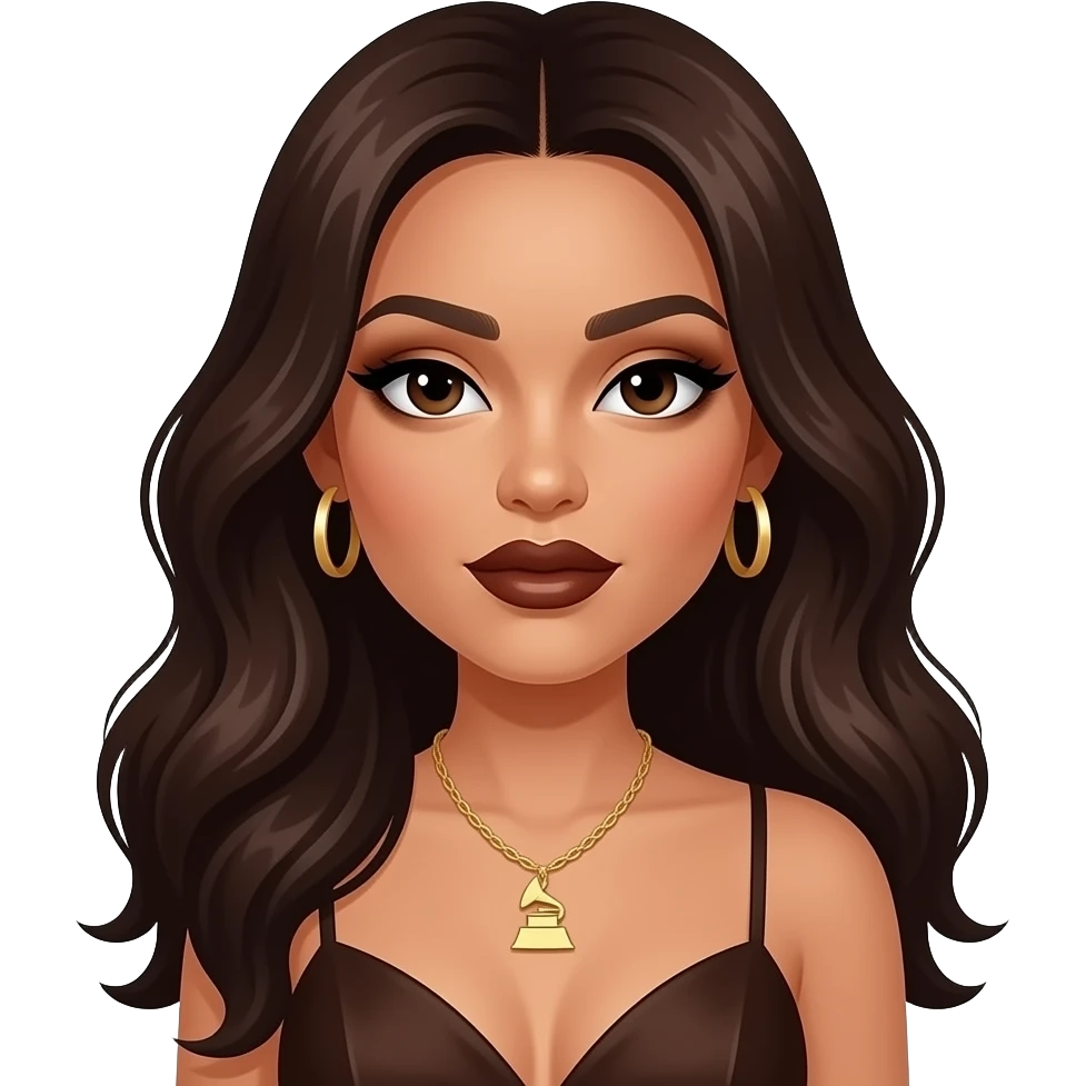 Victoria Monét, R&B Singer with dark brown eyes, long dark brown hair, brown eyeshadow, dark brown lipstick, dark brown grammy dress, necklace and earrings emoji