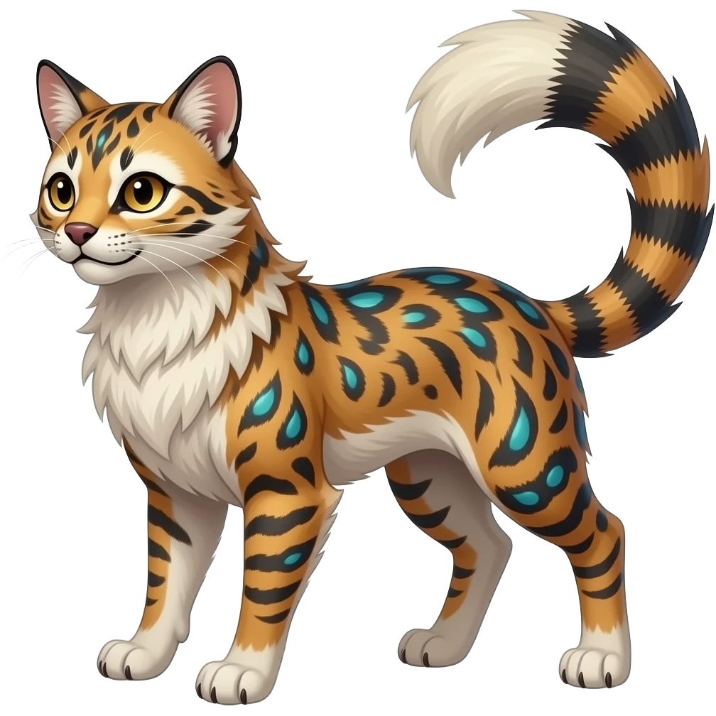 unique-patterned finned epic legendary vintage antique aesthetic quadrupedal elegant oriental feral painted fantasy-Civet-Litten-Luxray-Shinx-Luxio-Vaporeon-Furret-Fakémon-fusion-hybrid-creature emoji