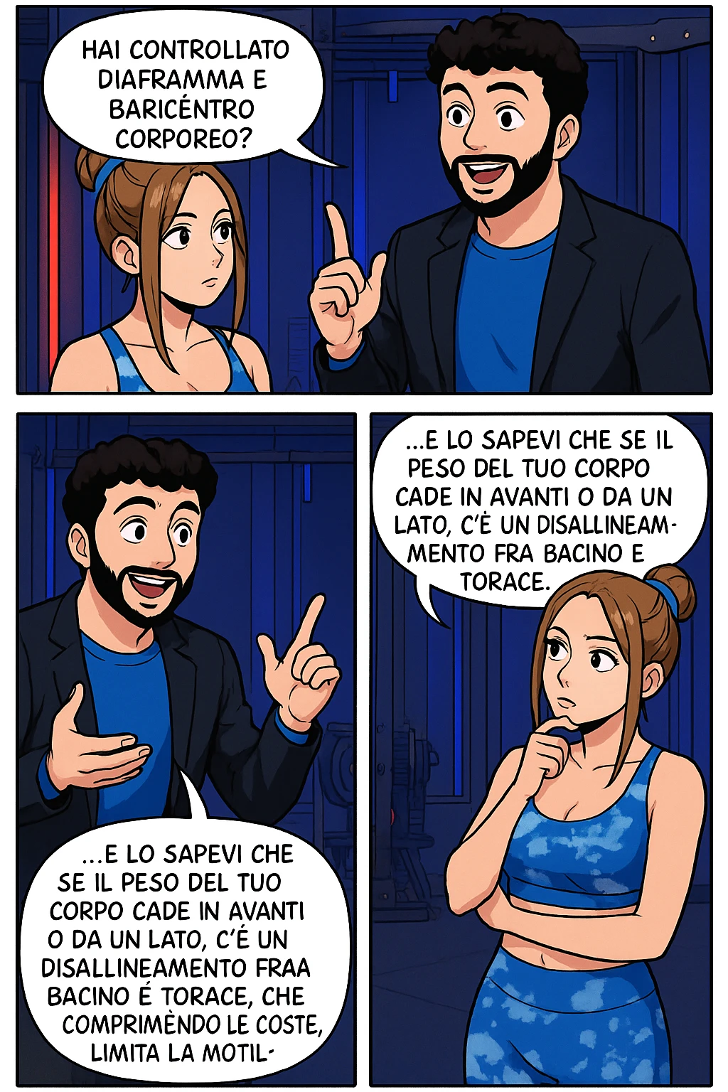 TRASFORMA QUESTO CAROSELLO IN UN FUMETTO STILE WEBTOON/MANGA A COLORI CON QUESTE DUE PERSONE IDENTICHE CHE INTERLOQUISCONO TRA LORO, L'uomo sta spiegando alla donna questo concetto:

LUI (UOMO): Hai controllato diaframma e baricentro corporeo?
LUI (UOMO): Lo sapevi che è il diaframma che contraendosi chiude l’angolo his fra stomaco ed esofago, contenendo la risalita degli acidi grassi?
LUI (UOMO): …e lo sapevi che se il peso del tuo corpo cade in avanti o da un lato, c’è un disallineamento fra bacino e torace, che comprimendo le coste, limita la motilità del diaframma e quindi il contenimento del reflusso? emoji