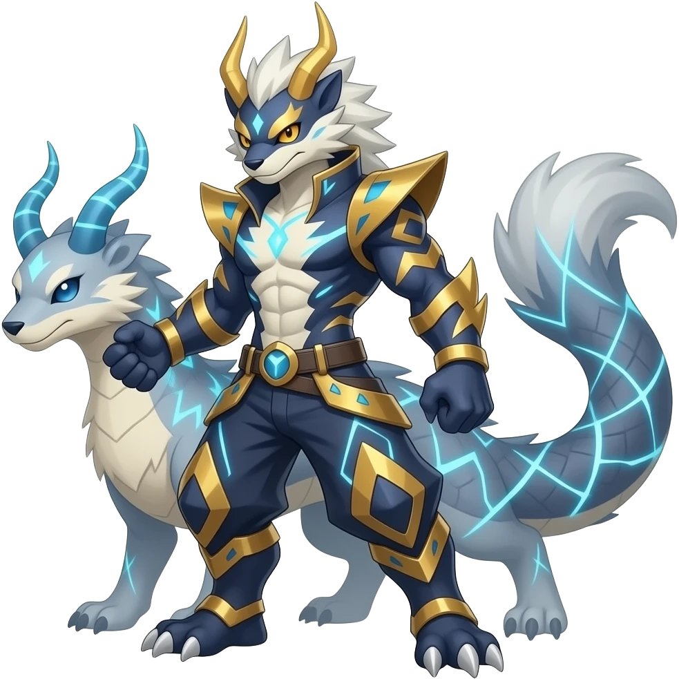 Feral Scaly Striking Slaying Badass Evil Handsome Lightning-patterned Zig-zagged buzzy fuzzy Meloetta-Renamon-Zeraora-Luxray-Cobalion-Absol-Vernid-fusion-hybrid-creature, full body emoji