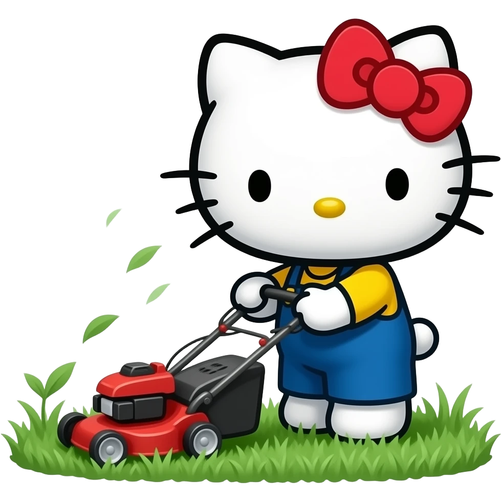 hate hello kitty mowing the lawn with a lawn mower emoji