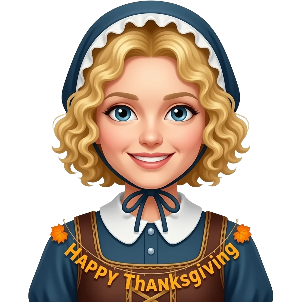 blonde tight curly hair in a short bob Happy Thanksgiving banner in a pilgram dress and bonnet emoji