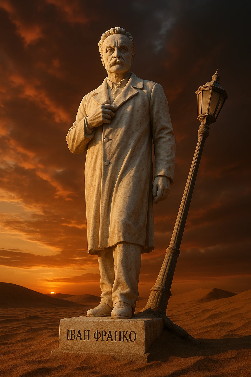 Ultra-realistic full-length marble sculpture of a man standing in desert sand next to a broken lamppost. The pedestal is inscribed with 'Іван Франко'. Dramatic sunset lighting, view from below, low-angle perspective. emoji