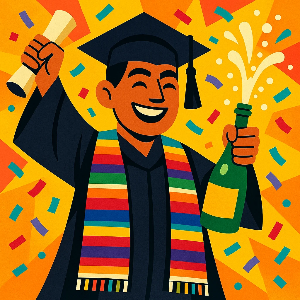 Mexican graduate in traditional graduation attire, confetti all around, champagne bottle bursting, energetic and festive mood emoji