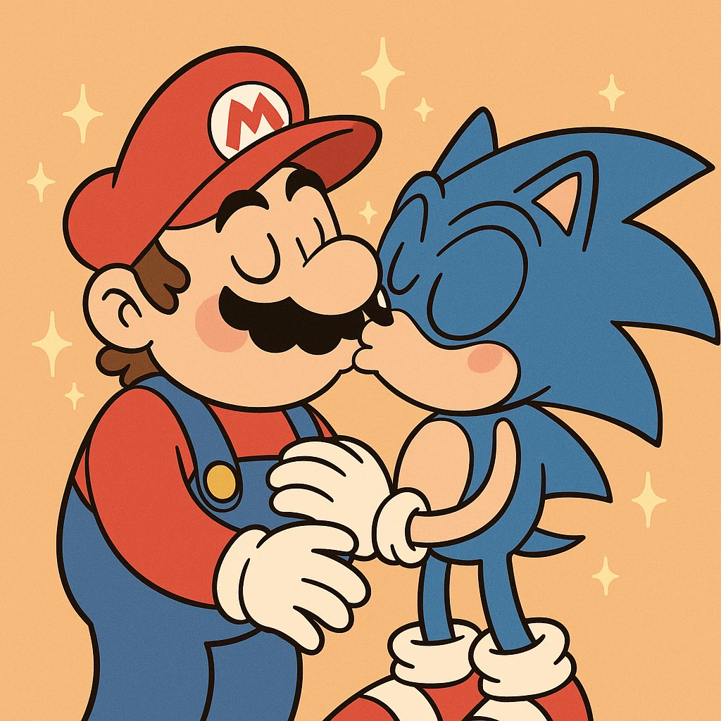 Mario and Sonic sharing a kiss, surrounded by sparkles, joyful and lighthearted, colorful cartoon style emoji