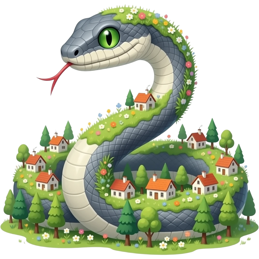 A snake that is gray and also flowers in grass on it in Giant and also that has houses and even villages on it in trees Andrea eyes and also with green eyes emoji