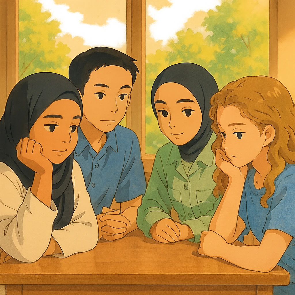 Quatre étudiants inspirés des photos, assis ensemble autour d'une table, en pleine réflexion, ambiance détendue et amicale, fond lumineux et chaleureux, style Ghibli. emoji