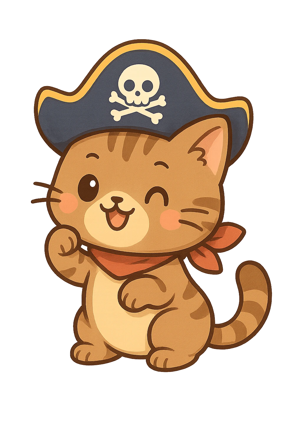 cute and playful cat wearing a pirate hat, chibi stickers style, colorful, fun, adorable emoji