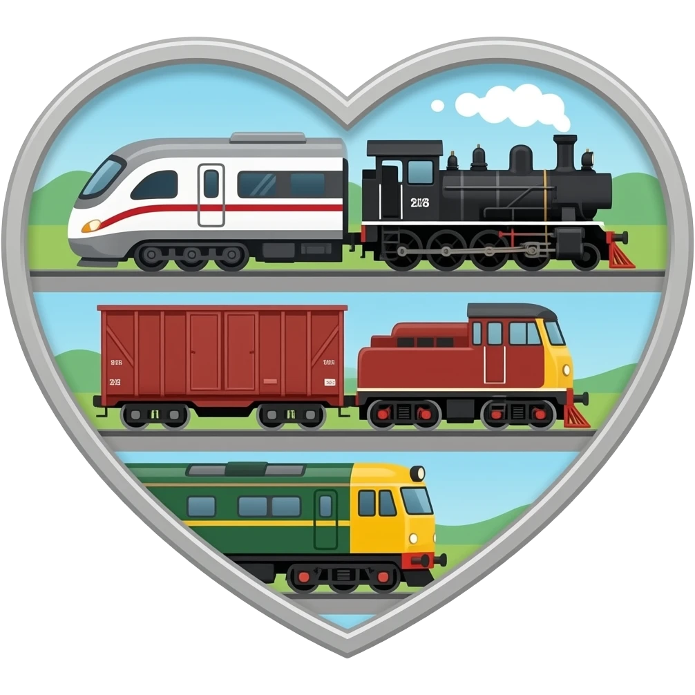 Bullet trains steam locomotives freight trains diesel trains on a heart window emoji