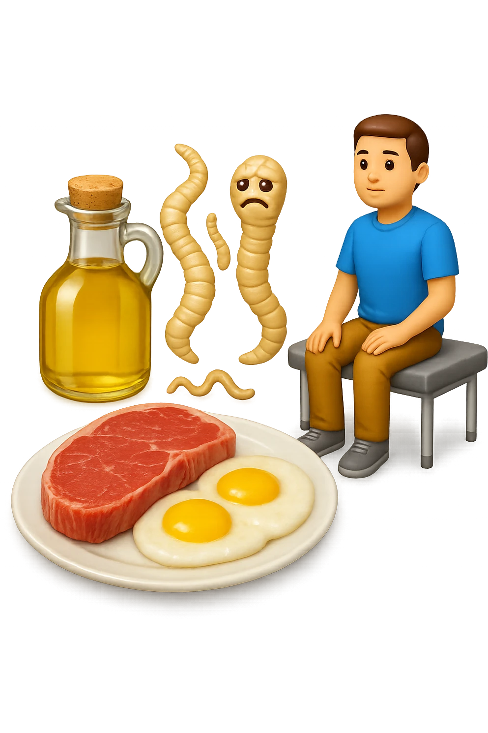 emoji stile iphone di UN PIATTO CON CARNE ROSSA E UOVA, UNA BOTTIGLIA DI OLIO DI SEMI, DUE PARASSITI TIPO LA TENIA, UOMO SEDUTO SU UN LETTINO DA FISIOTERAPISTA, IPERREALISTICO 4K emoji