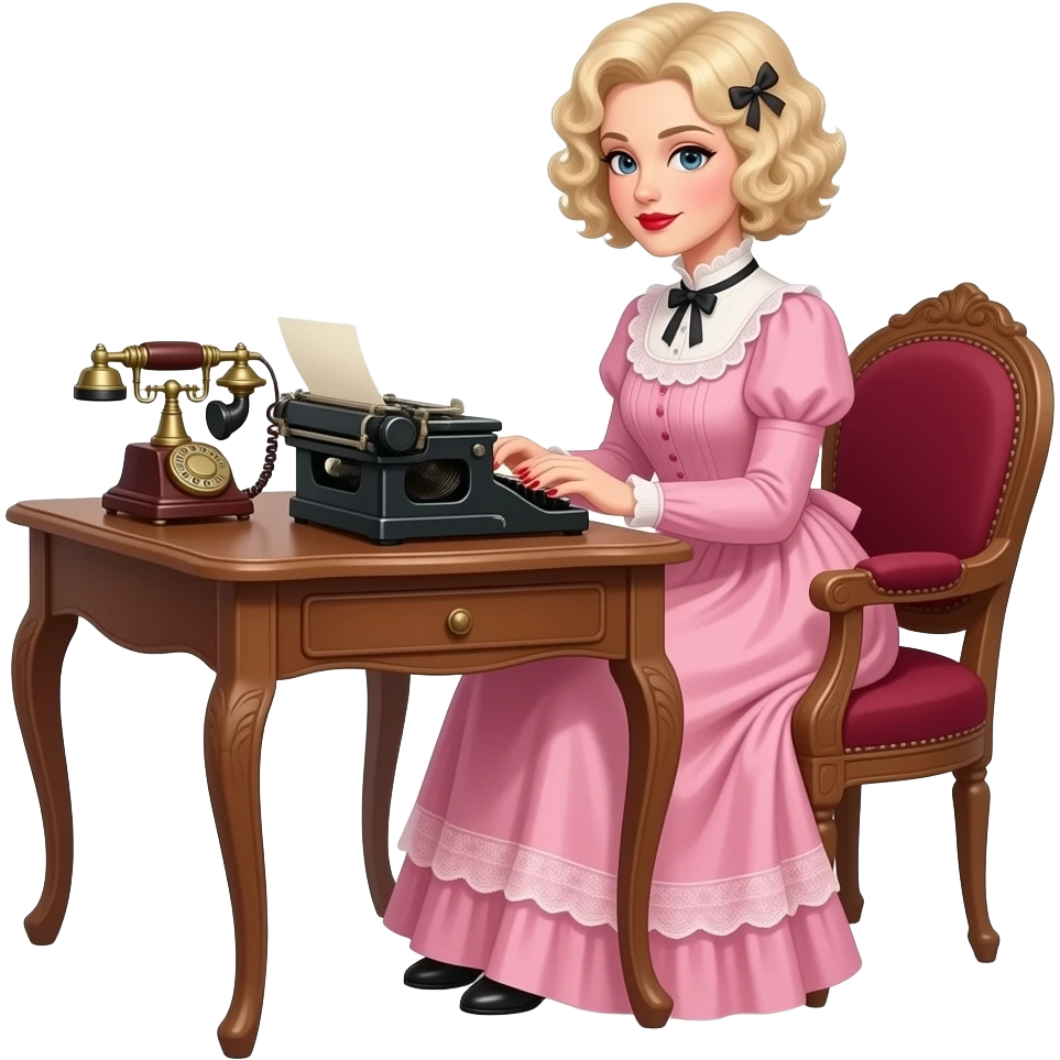 short blonde curly pixie bob hair in a 1800 pink outfit sitting down an antique desk with four wood legs, antique phone, and typing on an antique typewriter with red lipstick, red finger nails and in a Victorian setting emoji