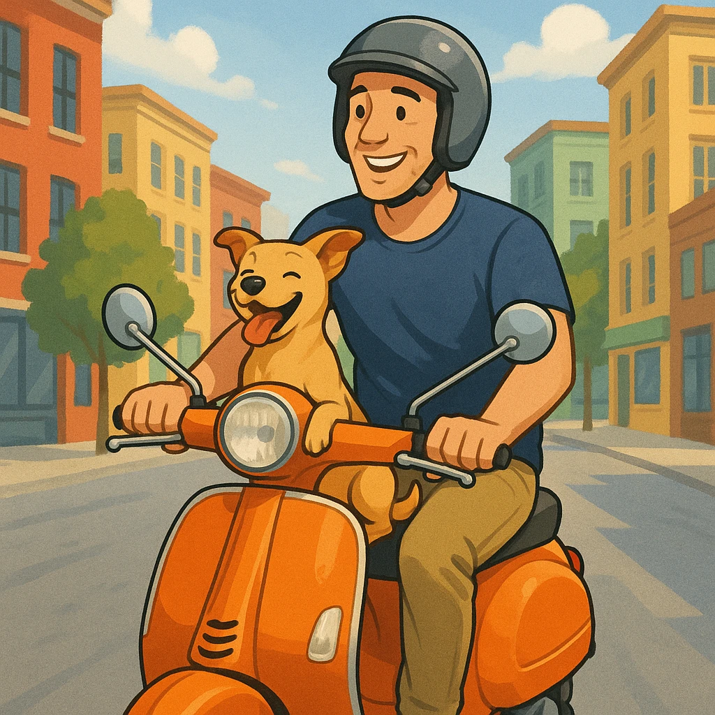 man and his pet dog riding a vespa emoji