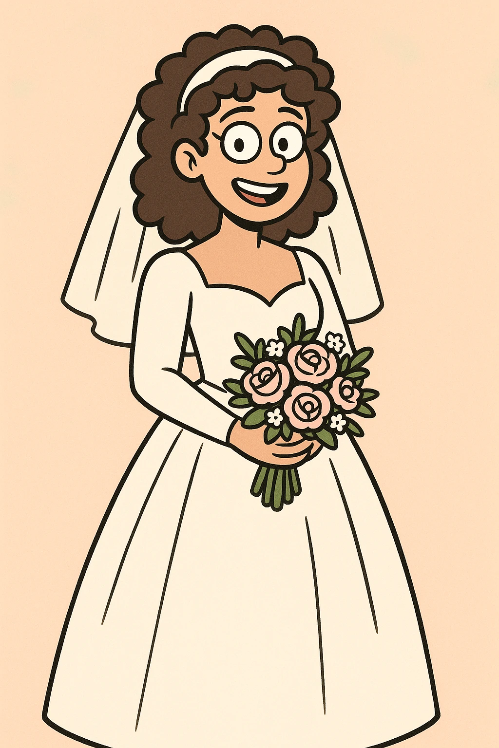 bride with curly hair, holding bouquet, classic wedding gown, gentle pastel background, cartoon style emoji
