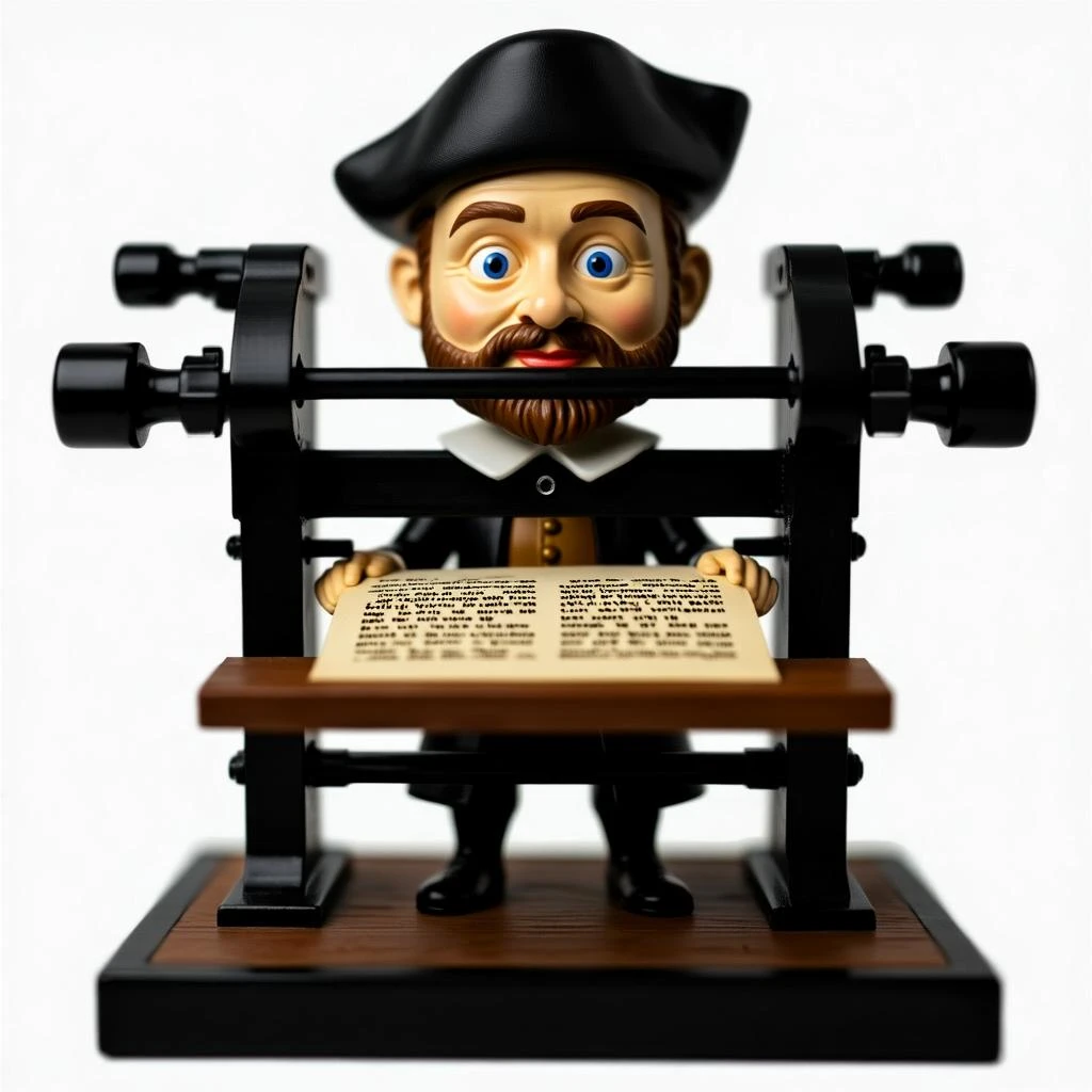 Печатный станок Гутенберга в стиле и с текстурами Bobblehead, прозрачный фон emoji