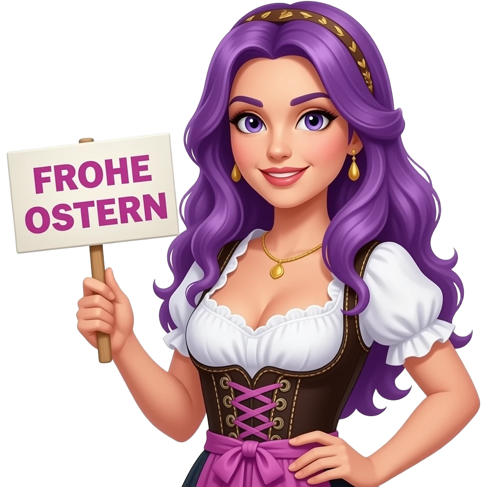 sexy girl with long purple hair wearing a dirndl holding a FROHE OSTERN sign emoji
