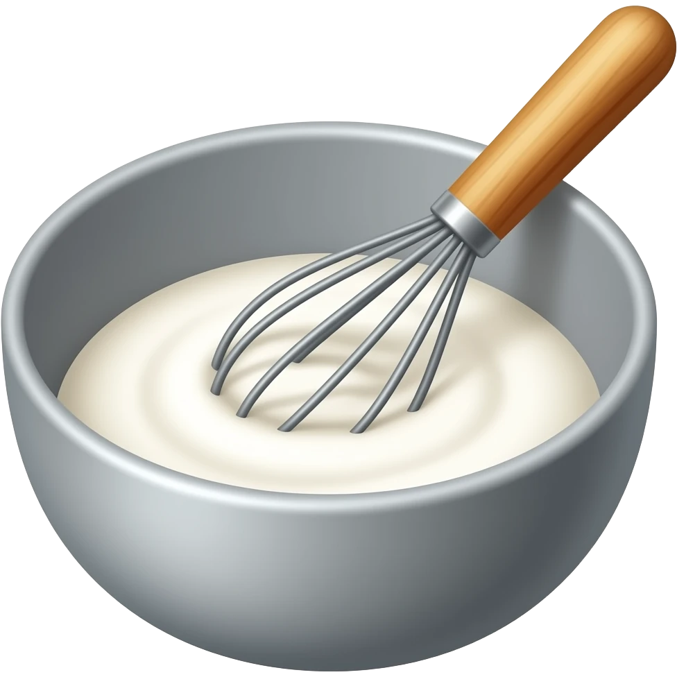 وعاء الخلط والمضرب: وعاء رمادي بداخله كريمة بيضاء أو عجين سائل مع مضرب يدوي خشبي. emoji