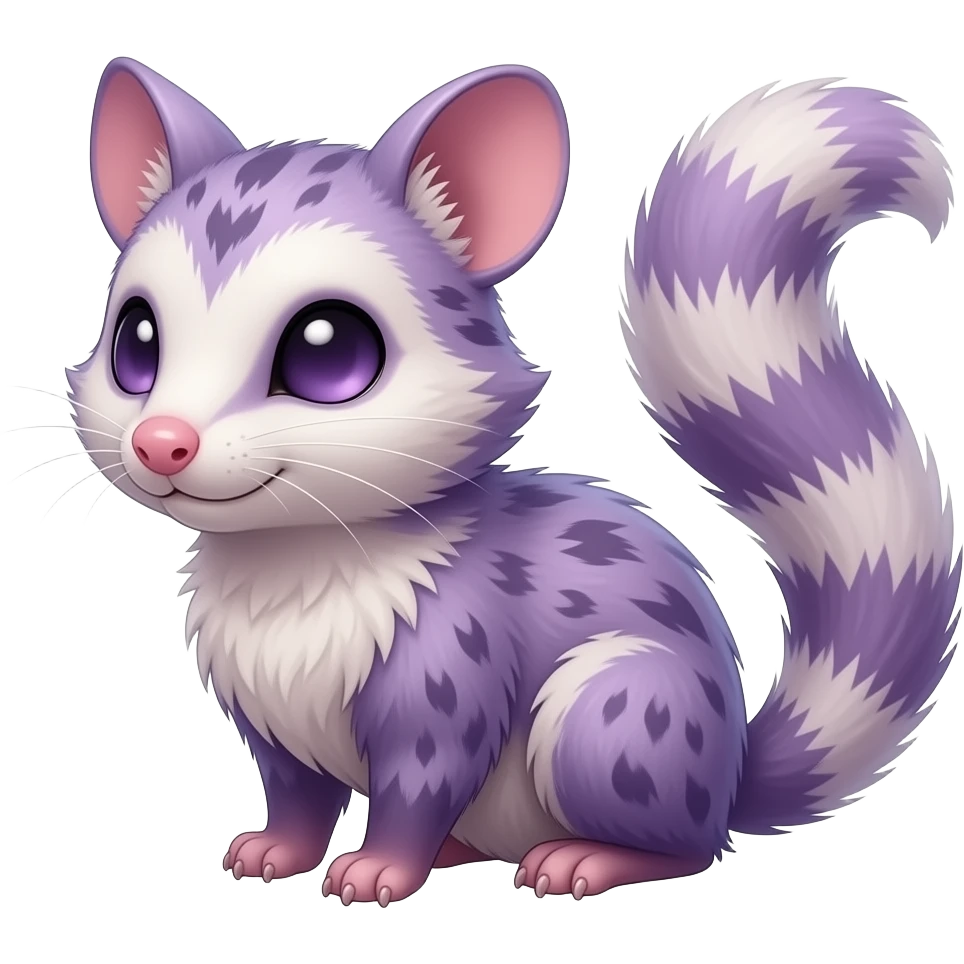Purple, soft realistic romantic vintage antique divine beautiful elegant pretty precious cute young youthful Fakémon-Pokémon-opossum-feline-mouse-serval-caracal-chinchilla-Minccino-Cinccino-Meowstic-rodent-hybrid-creature with a tufted tail (full body) emoji