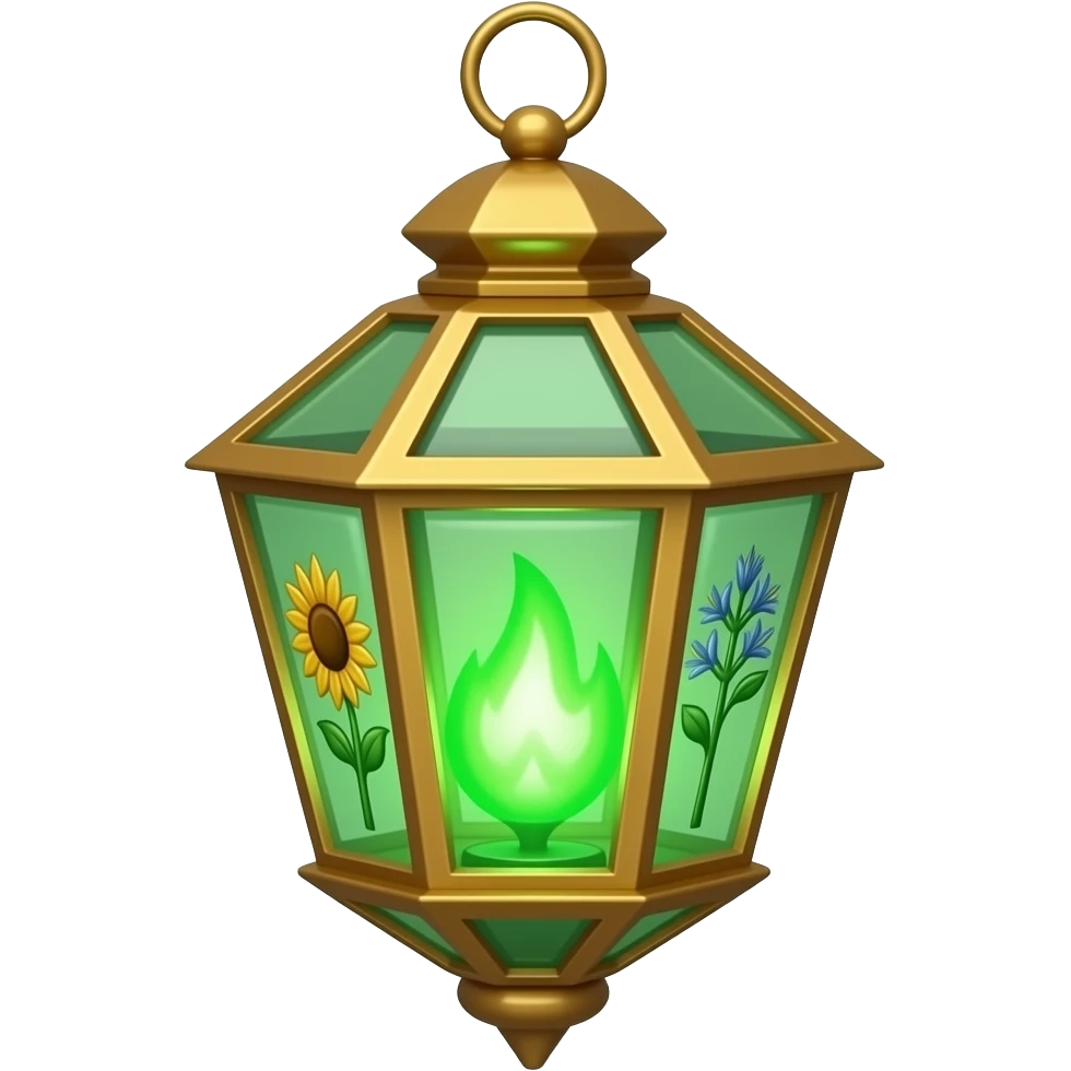 A golden hanging lantern with a bright emerald flames, an empty loop on top, sunflower & asphodel themed, but simple focus more on the green flames, paint the glass more green, have its bottom point come to some sort of point emoji