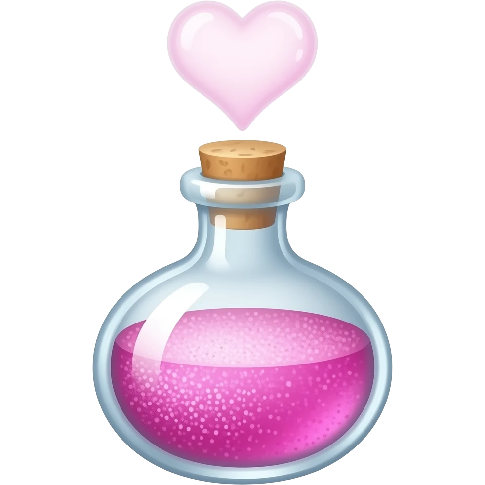 small glass potion bottle, pink shimmering liquid with soft glow and heart-like steam, elegant shape, centered, 3D glossy emoji style, clean background emoji