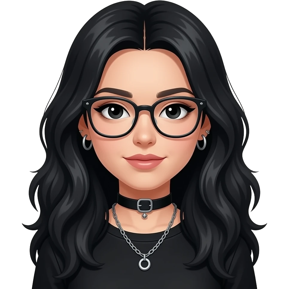 girl in black, long hair with volume , black eyes with small eye liner, with chain piercing and glasses emoji
