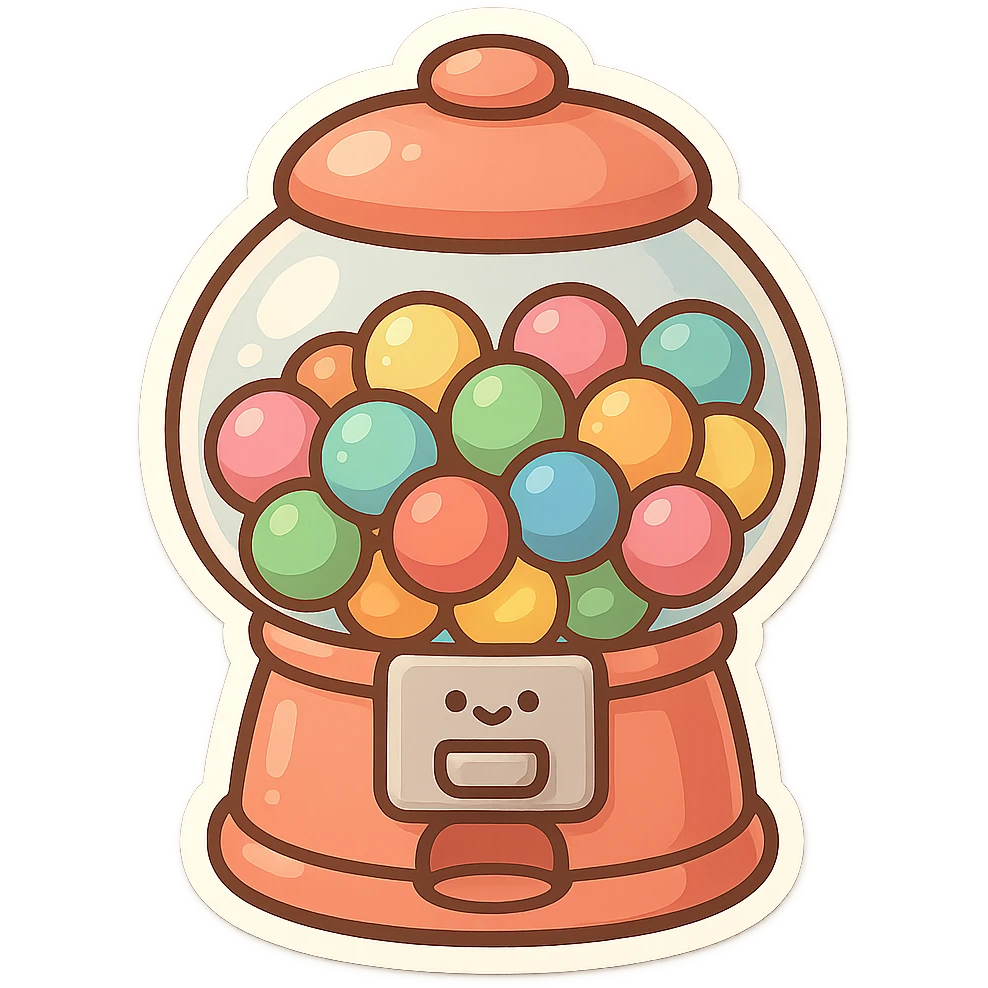 chibi sticker-style bubble gum machine, cute and exaggerated emoji