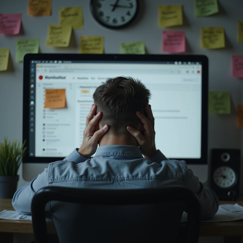 Obese man sitting in front of a computer, head in hands, surrounded by confused post-it notes and screen with errors, clock showing passing time, realistic atmosphere, hyperrealistic 4K details, clear signs of cognitive slowdown. emoji