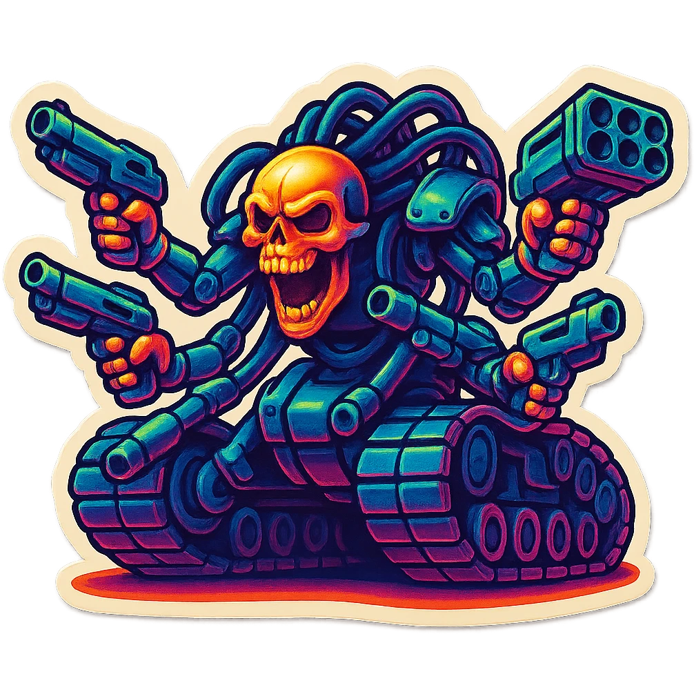 Render the exact four-armed, skull-headed tank mech as a retro sticker style. Preserve all proportions, pose, and details: four mechanical arms with guns, skull head with cables, tank tread lower body, aggressive expression. No changes to the design, just restyle as a retro sticker. emoji