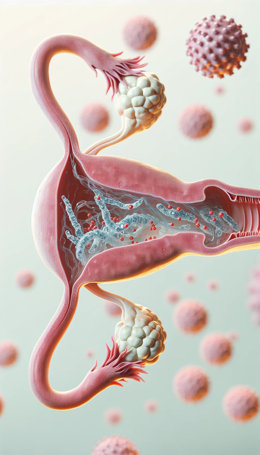 corpo umano anatomico con batteri come la candida nell'utero, sfondo neutro chiaro, iperrealistico 4k emoji